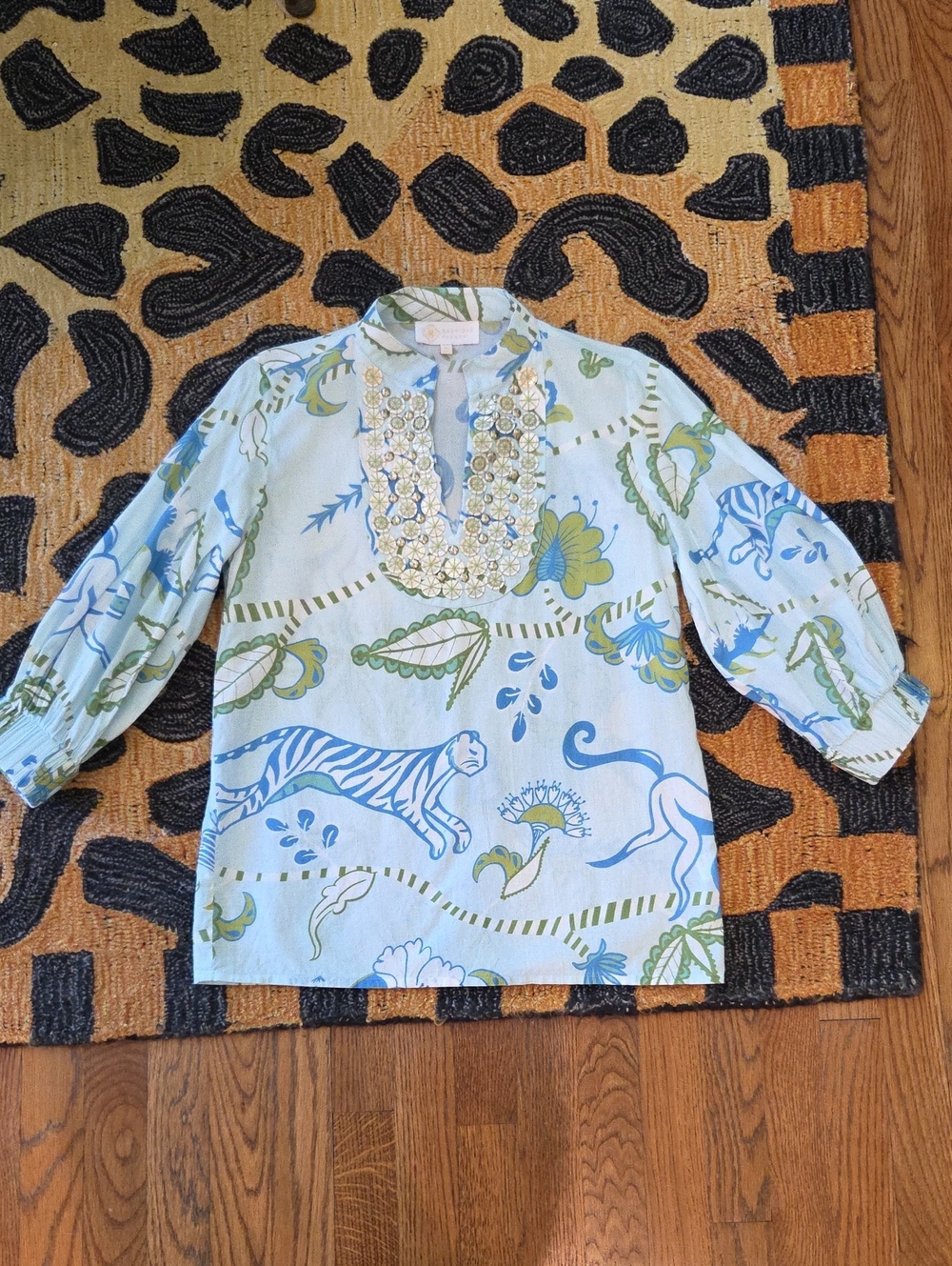 Embellished Light Blue Floral & Tiger Print Blouse